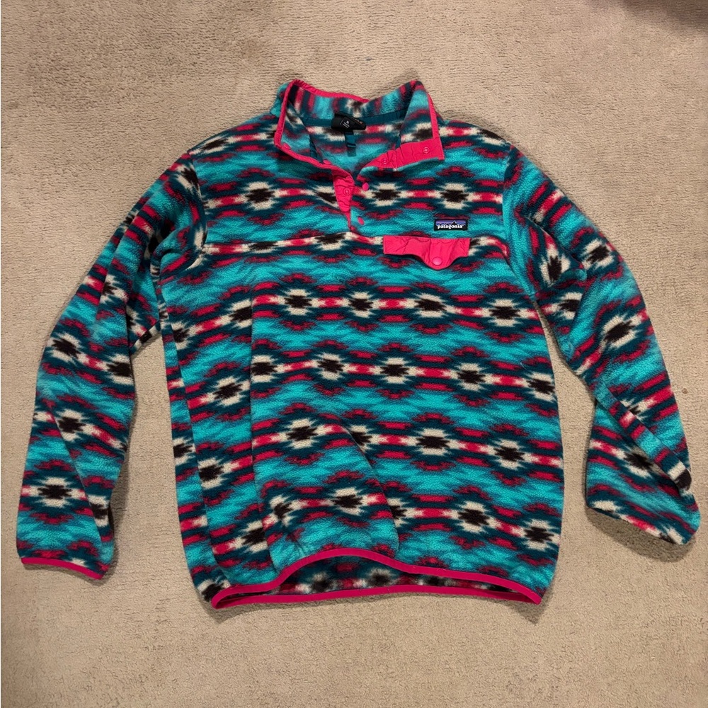 Patagonia Women's Patterned Fleece Sweatshirt - Teal and Pink